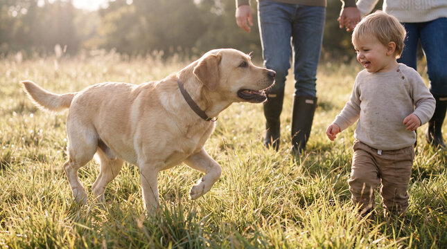 National Dog Day shows a Labrador Retriever sharing laughter with a toddler on sunny grass for social media posts