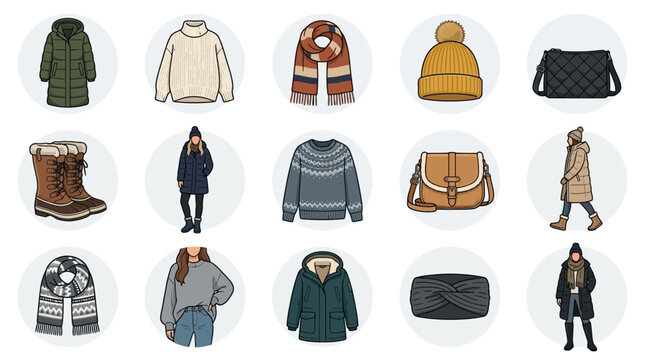 Corporate Winter Fashion Set Showcasing Trendy Outerwear Accessories and Footwear in Neutral and Earthy Tones
