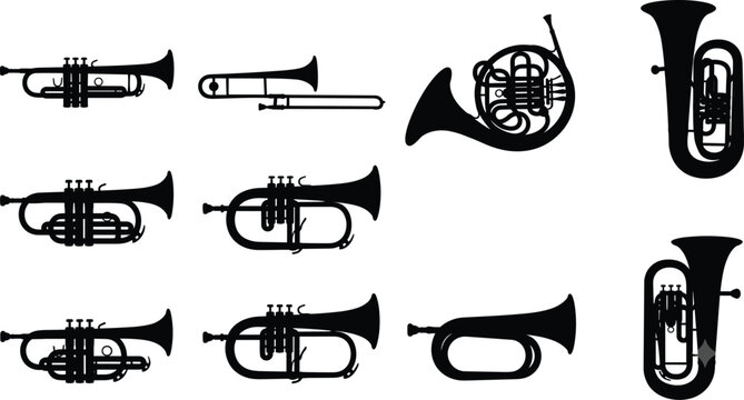 Brass Musical Instruments Silhouette Set &ndash; Trumpet, Trombone, French Horn, and Tuba Vector Collection