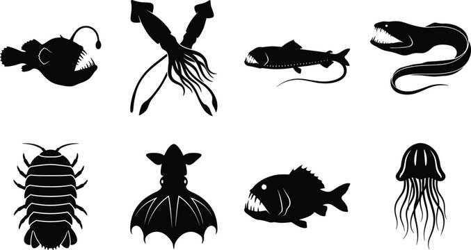 Deep Sea Creature Silhouette Collection with Anglerfish Squid Eel Jellyfish and Isopod Vector Set