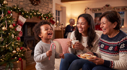 Obraz premium A laughing toddler shares Christmas candy canes with mother and grandmother in a festive living room for holiday family marketing