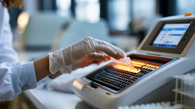 Gloved hands placing a strip of clear reaction tubes into the heated block of a laboratory thermal cycler display showing a clean temperature programme bright molecular biology
