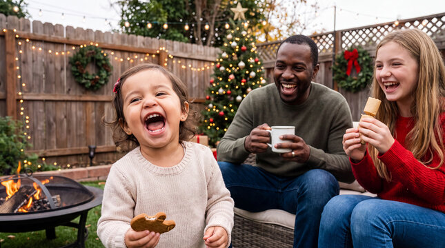 A happy toddler eats gingerbread cookies with father and sister in a decorated backyard during a joyful Christmas and New Year celebration