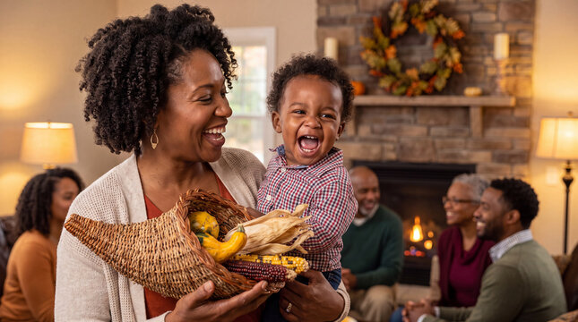 A joyful African American mother holds corn decor with her laughing toddler in a cozy living room for Thanksgiving content