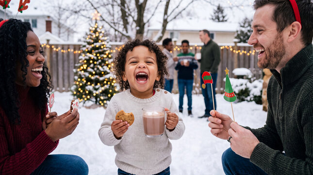 A smiling toddler enjoys hot cocoa and cookies with parents in a snowy backyard decorated for Christmas and New Year family promotions