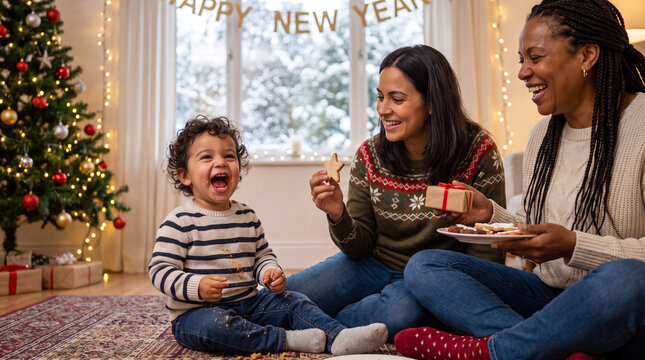A joyful toddler eats holiday cookies with mother and aunt in a brightly lit living room for festive New Year advertising campaigns