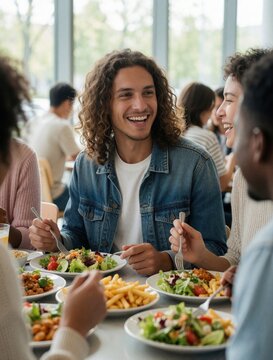 Diverse group of happy young students eats lunch together at university cafeteria table. Friends laugh, talk dining on healthy salad with fresh food. People enjoy meal break in modern canteen. Joyful