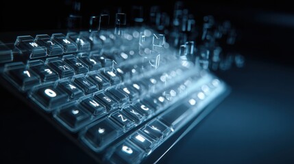 Fototapeta premium Luxury transparent keyboard projecting glowing floating letters into the air, elegant dark workspace, blue neon atmosphere, advanced AI productivity