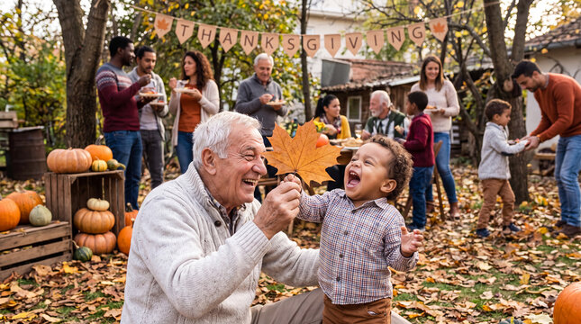 A cheerful Caucasian grandfather shows maple leaf decor to his laughing toddler in a Thanksgiving backyard for autumn greeting cards