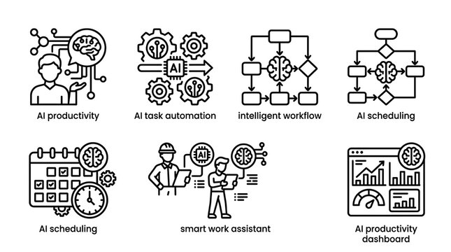 AI Productivity and Automation Line Icon Set for Business