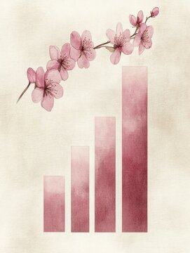 Financial growth bar graph with pink sakura branches and rising economic data concept