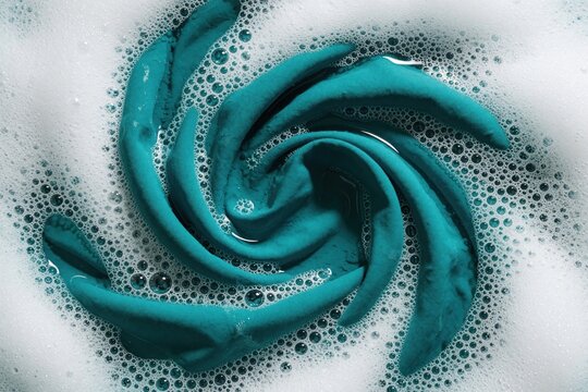 Blue textile fabric swirls in white detergent soapy foam. Bright cloth soaks inside basin with bubble water. Household housework concept washes dirty laundry clothes clean. Wet cotton material