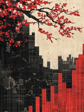 Financial growth bar graph with pink sakura branches and rising economic data concept