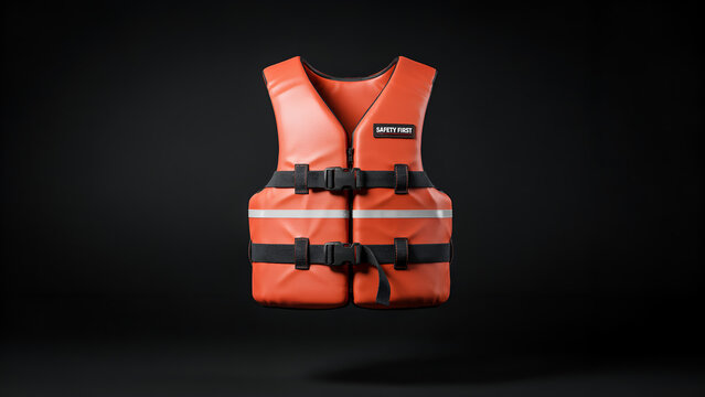 Orange life vest with reflective stripes floating in studio lighting for water safety concept