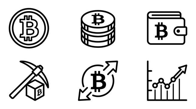 Bitcoin and Cryptocurrency Line Icon Set for Finance and Tech