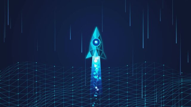 Futuristic rocket launch ascends into digital network with glowing particles and data streams.
