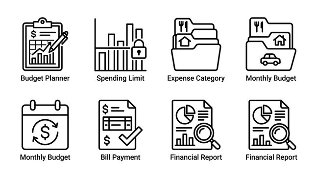 Financial Planning and Budgeting Icon Set in Line Art Style