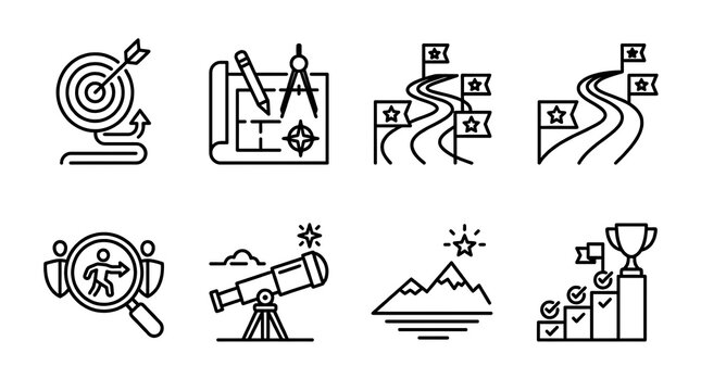Business Strategy and Achievement Line Icon Set