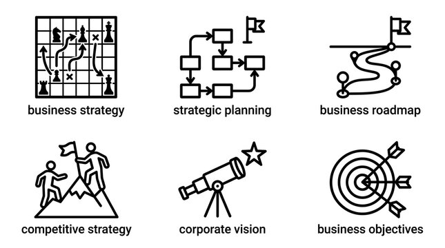 Business Strategy and Corporate Planning Line Icon Set