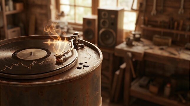 Vintage Record Player on Rusty Oil Barrel with Glowing Financial Chart