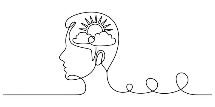 Continuous single line drawing of a human head silhouette with sun and clouds inside representing positive mental health and clear mind and happy thoughts Vector, illustration