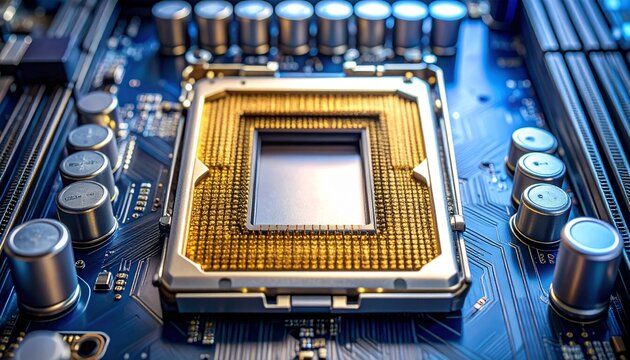 Computer Motherboard with Empty CPU Socket and Gold-Plated Precision Pins