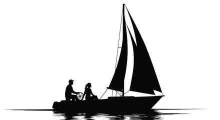 Sailing Boat Silhouette With Two People Onboard Against A White Background sailboat © Komla02