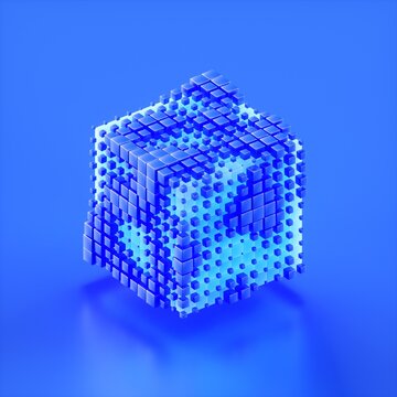 Abstract Blue Geometric Cube with Deconstructing Digital Blocks
