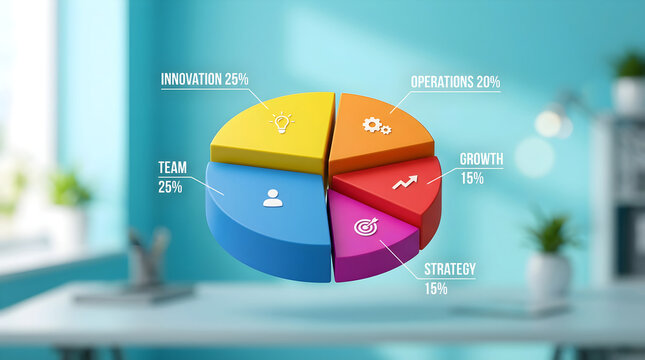 3d pie chart infographic showing business performance metrics with icons for innovation, operations, team, growth, and strategy
