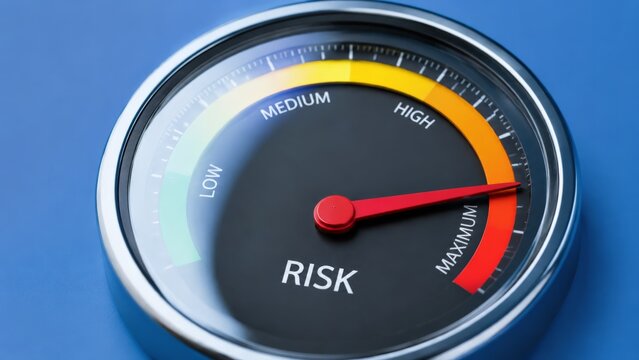 Close-up of a circular risk indicator gauge with red needle approaching maximum on a blue background with color gradient scale from green to deep red, underscoring the risk gauge