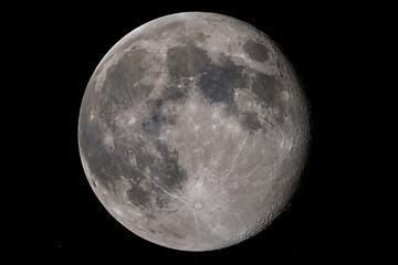Fototapeta premium Detailed full moon isolated against black space showing sharp craters lunar maria textured surface and realistic astronomical features in high resolution view closeup