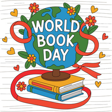 Globe illustration depicting World Book Day features a stack of colorful books and decorative flowers to celebrate literature and global education for students and avid readers across the entire.