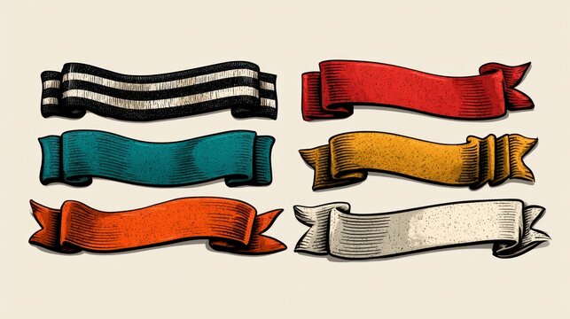 Vintage ribbons featuring etched textures and curled edges on a neutral background in a sharp macro shot for graphic design branding