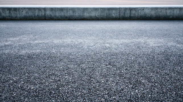 Low angle view of dark asphalt road and concrete kerb edge.