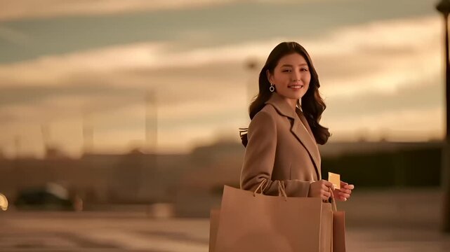 Paris, France, Europe. A portrait of a woman standing in front of the Eiffel Tower at sunset. She wears a beige coat and carries shopping bags in one hand and a credit card in the other.