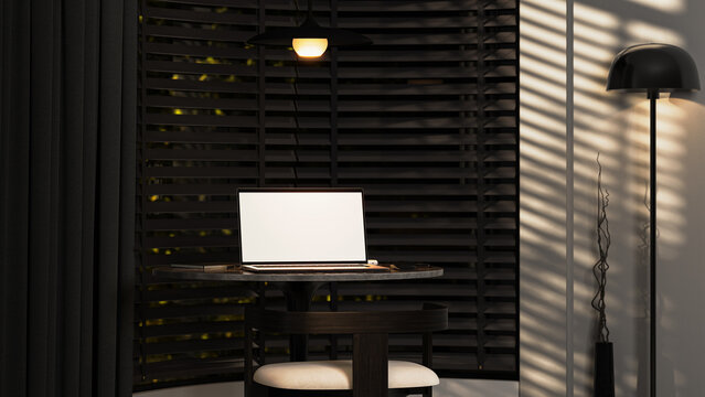 Blank laptop screen mockup on a table, 3d render