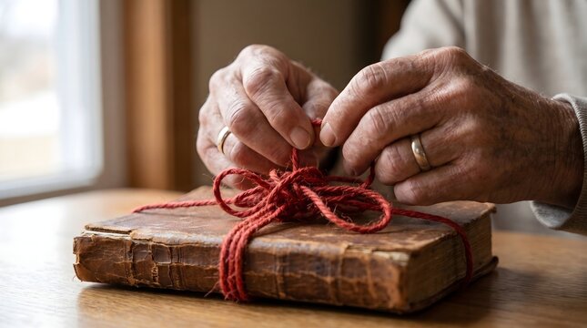 Elderly hands tying a complex knot with red string around an old vintage book.