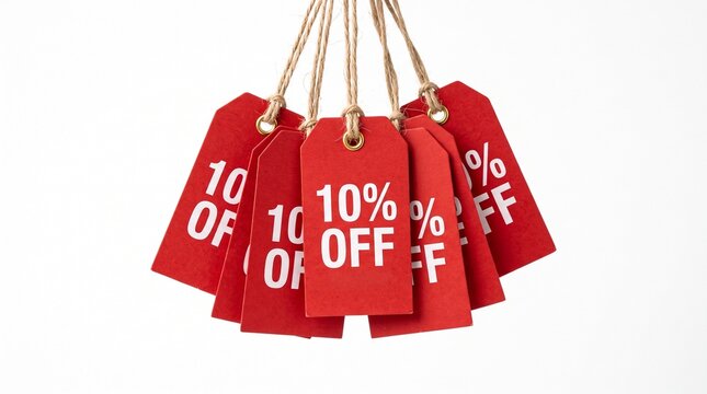 Group of Red Discount Tags Showing 10 Percent Off With White Text On White Background