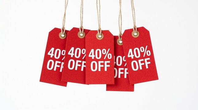 Group of red sale tags showing 40 percent off hanging on strings against a white background