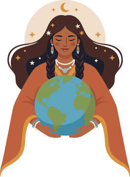 Pachamama sosteniendo el planeta Tierra como s&iacute;mbolo de la naturaleza, la sostenibilidad y la protecci&oacute;n del medio ambiente