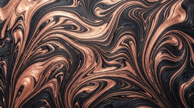 Abstract background of swirling black and metallic copper liquid paint, creating a luxurious marblelike texture