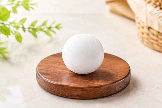 White camphor ball on wooden coaster, simple household freshness concept.