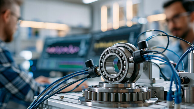 Medium shot of a bearing test bench with a rolling element bearing mounted under radial load accelerometer sensors and neat cable runs monitors showing clean vibration traces