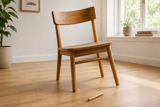 Misaligned wooden chair with crooked leg and unassembled dowel, DIY furniture assembly concept