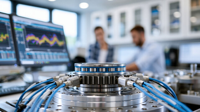 Medium shot of a bearing test bench with a rolling element bearing mounted under radial load accelerometer sensors and neat cable runs monitors showing clean vibration traces
