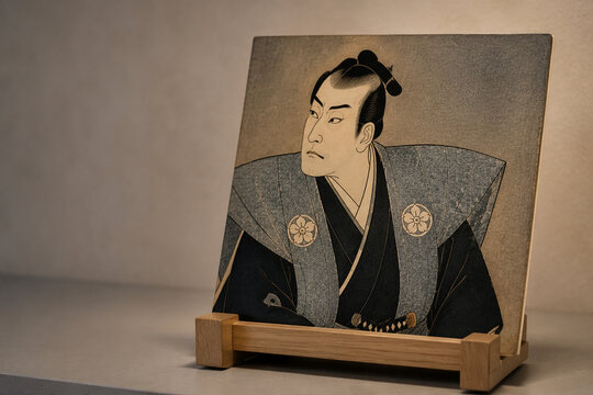 Ukiyo-e woodblock print detail of samurai kamishimo with crest on easel, art display concept