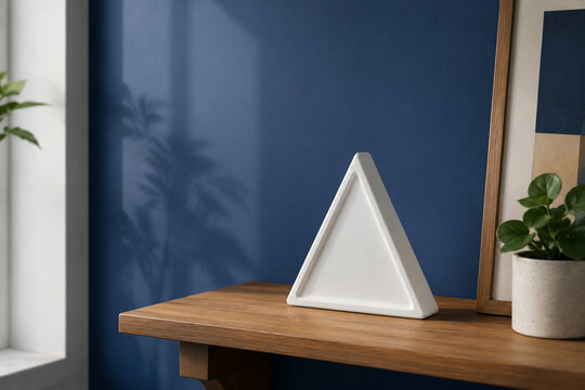 equilateral. White triangle ceramic object on wooden shelf against blue wall, minimalist home decor concept, lifestyle magazines.