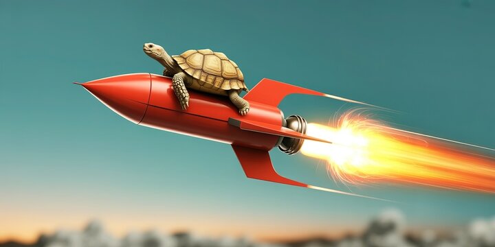A tortoise riding a fast red rocket flying through the sky
