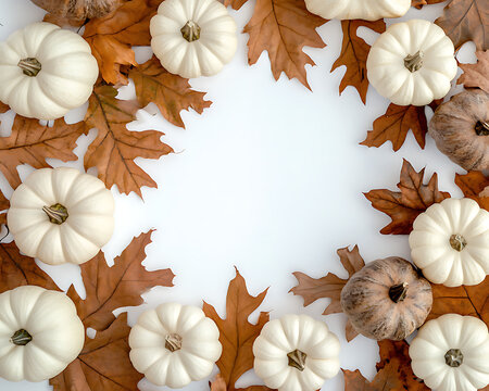 An autumn arrangement of white pumpkins of various sizes and shapes, elegantly arranged alongside dried brown oak and maple leaves.