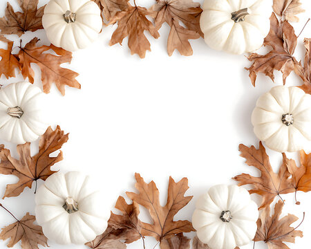A lat-lei style arrangement featuring a fall border featuring white pumpkins of varying sizes and shapes, elegantly arranged alongside dried brown oak and maple leave